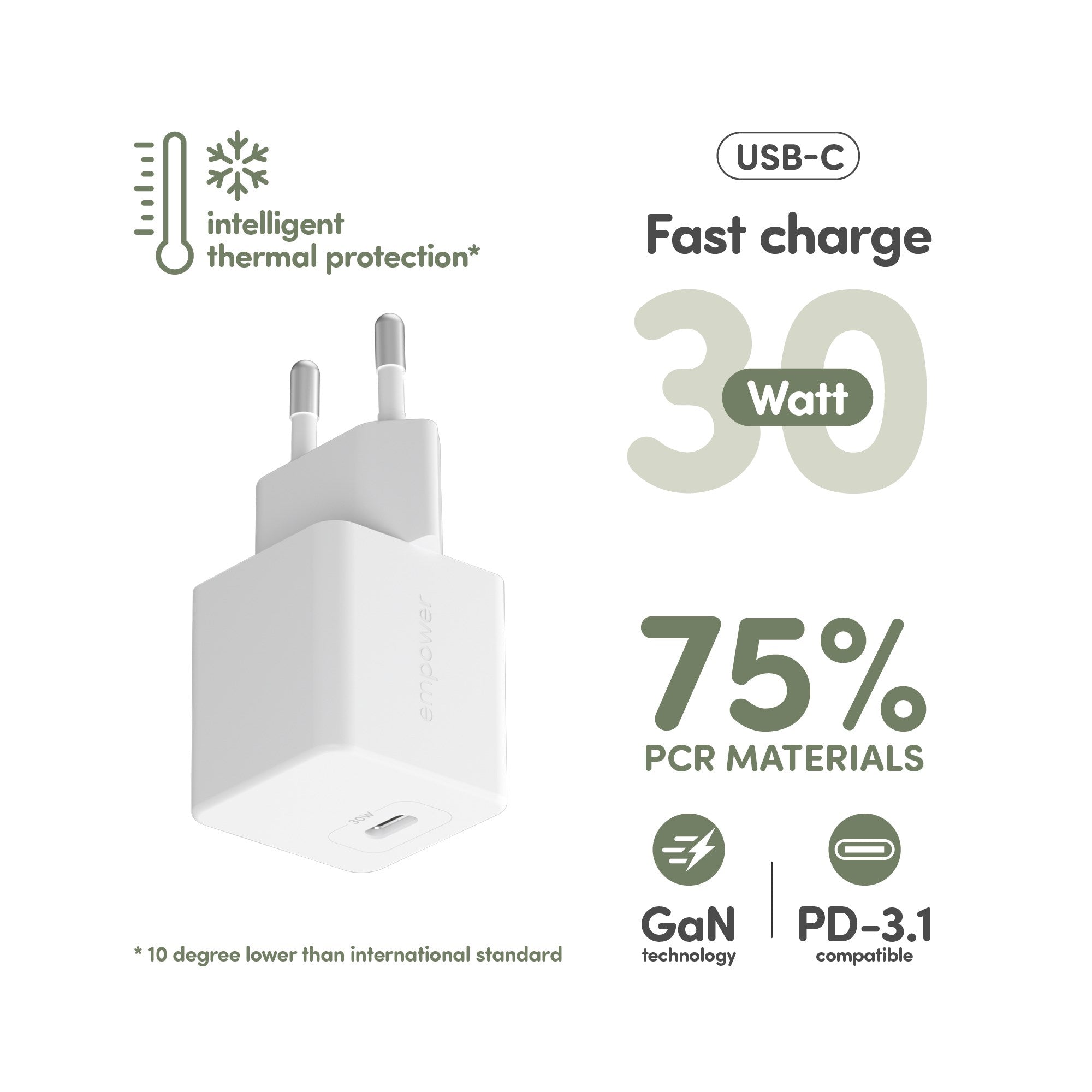 empower™ by PanzerGlass® Turbo 30W Charger Single USB-C | EU Plug | Silver White